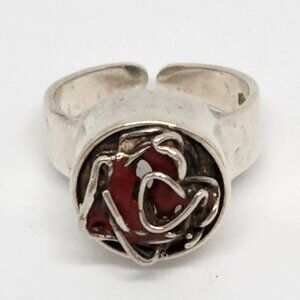 Sterling Silver Cocktail Ring Brutalist Red Stone Wire Wrap English Hallmark Vtg